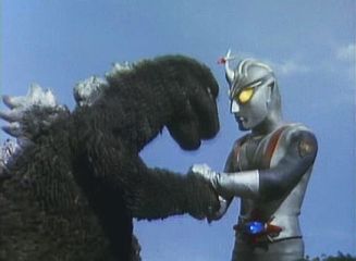 Zone Fighter and Gojira shaking hands